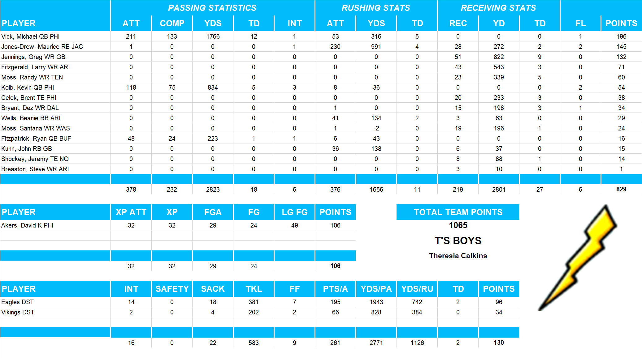 2010 National Football League Pool Team Stats