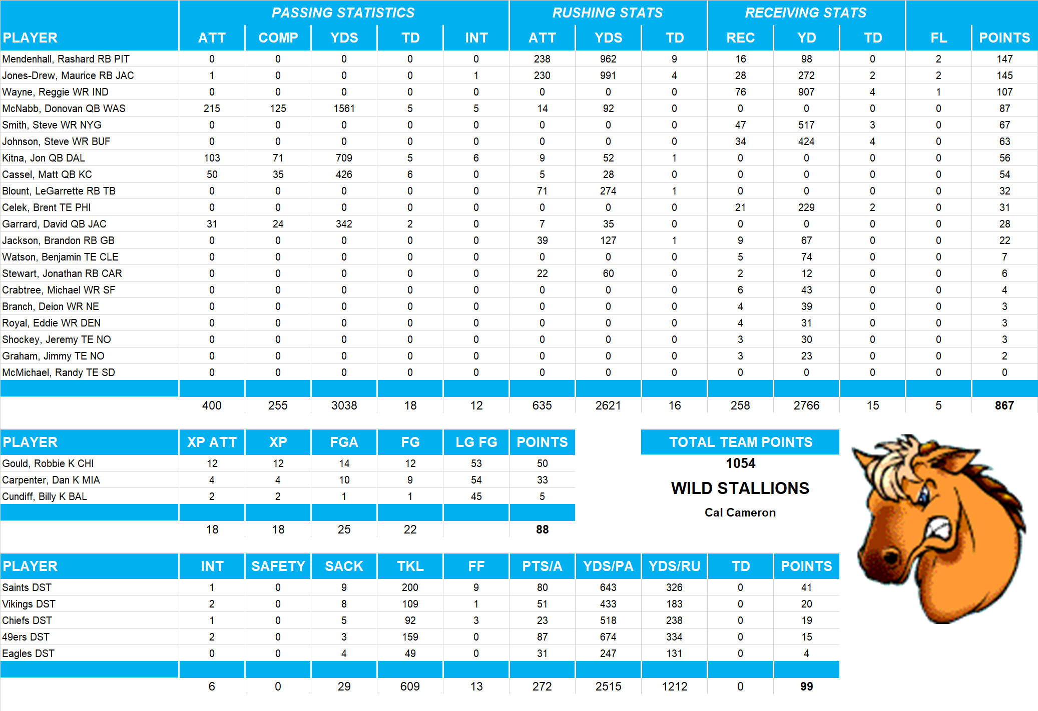 2010 National Football League Pool Team Stats