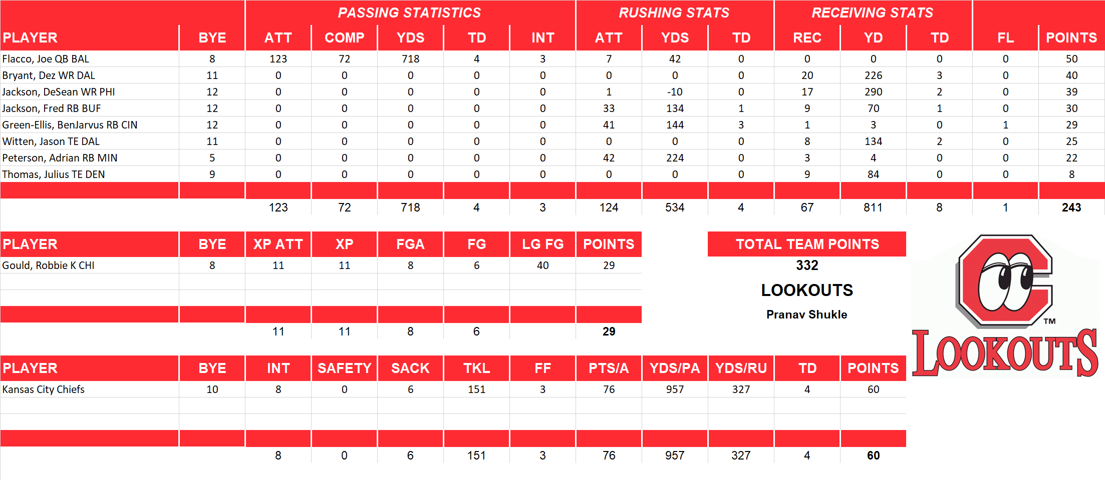 2013 National Football League Pool Playoff Team Stats