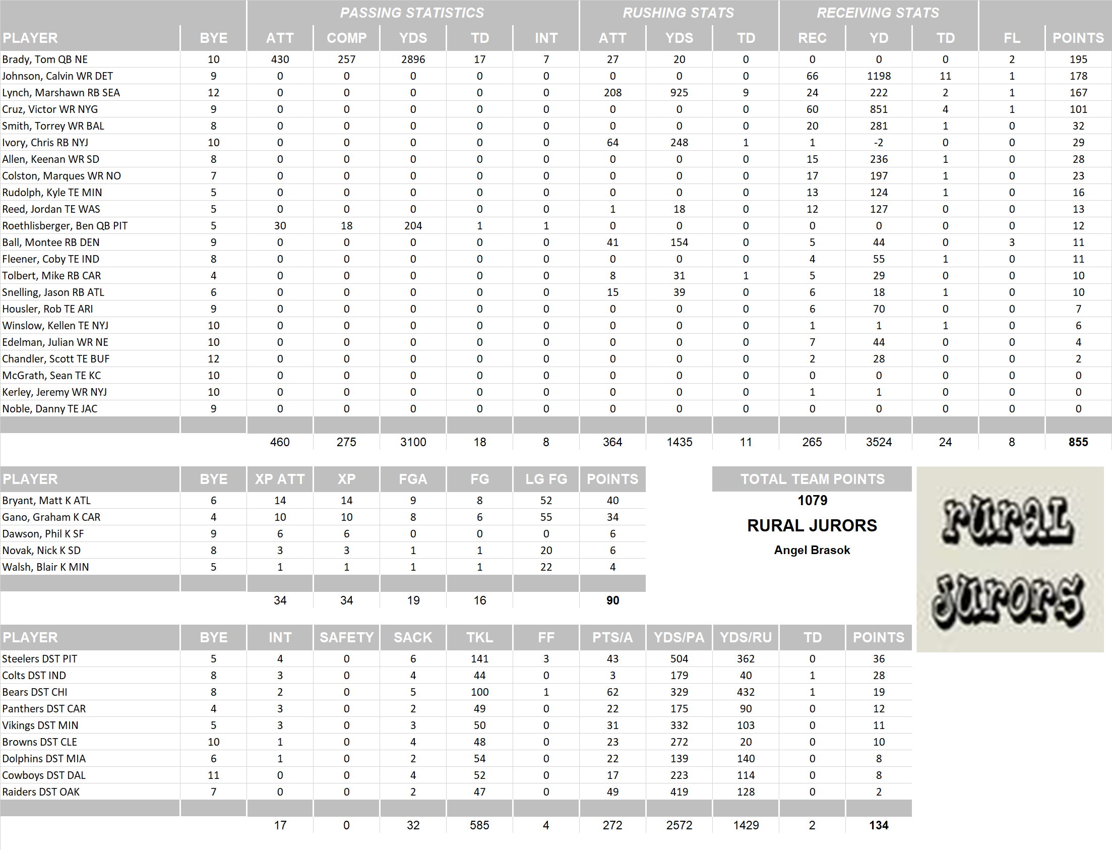 2013 National Football League Pool Team Stats