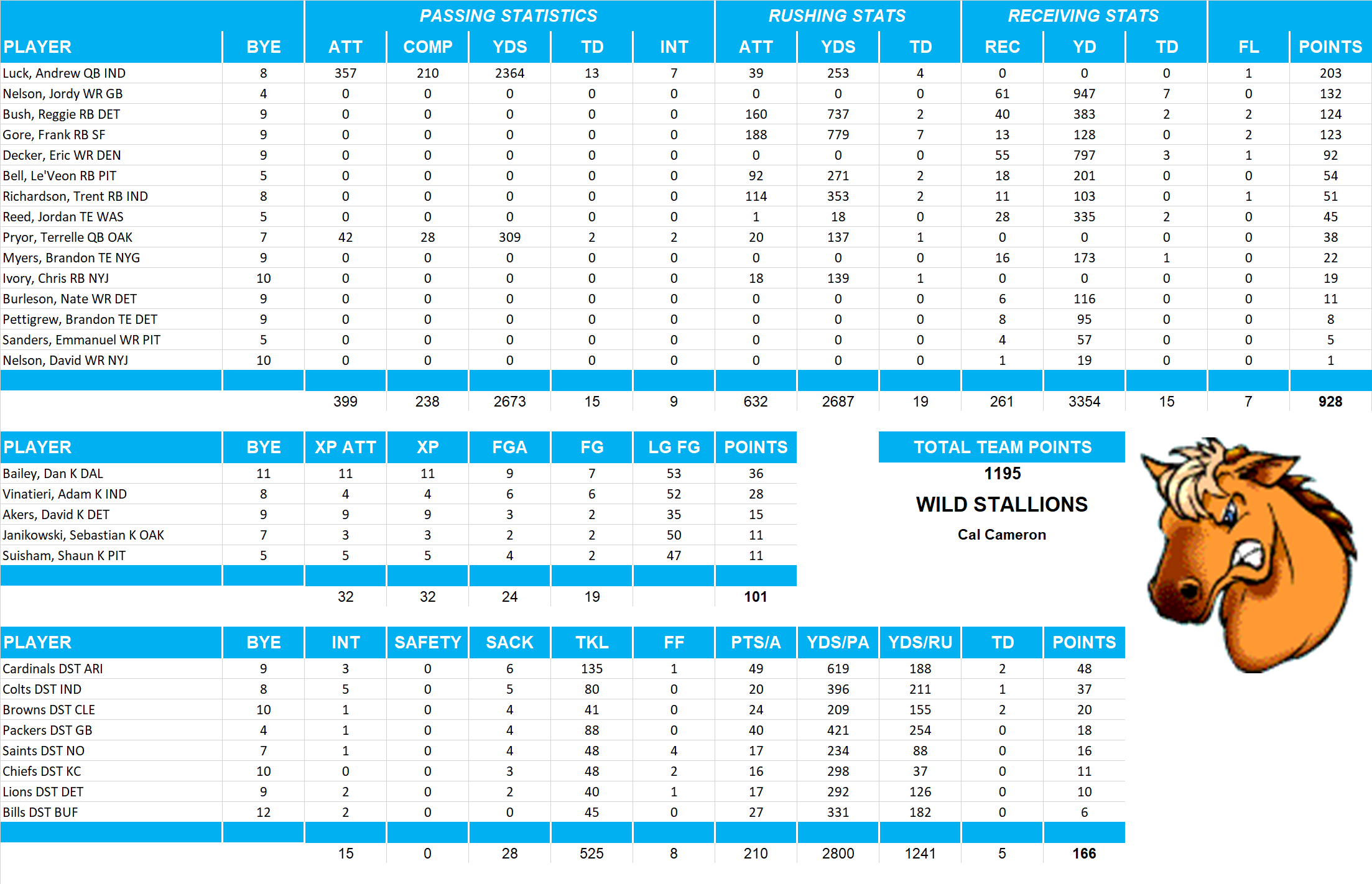 2013 National Football League Pool Team Stats