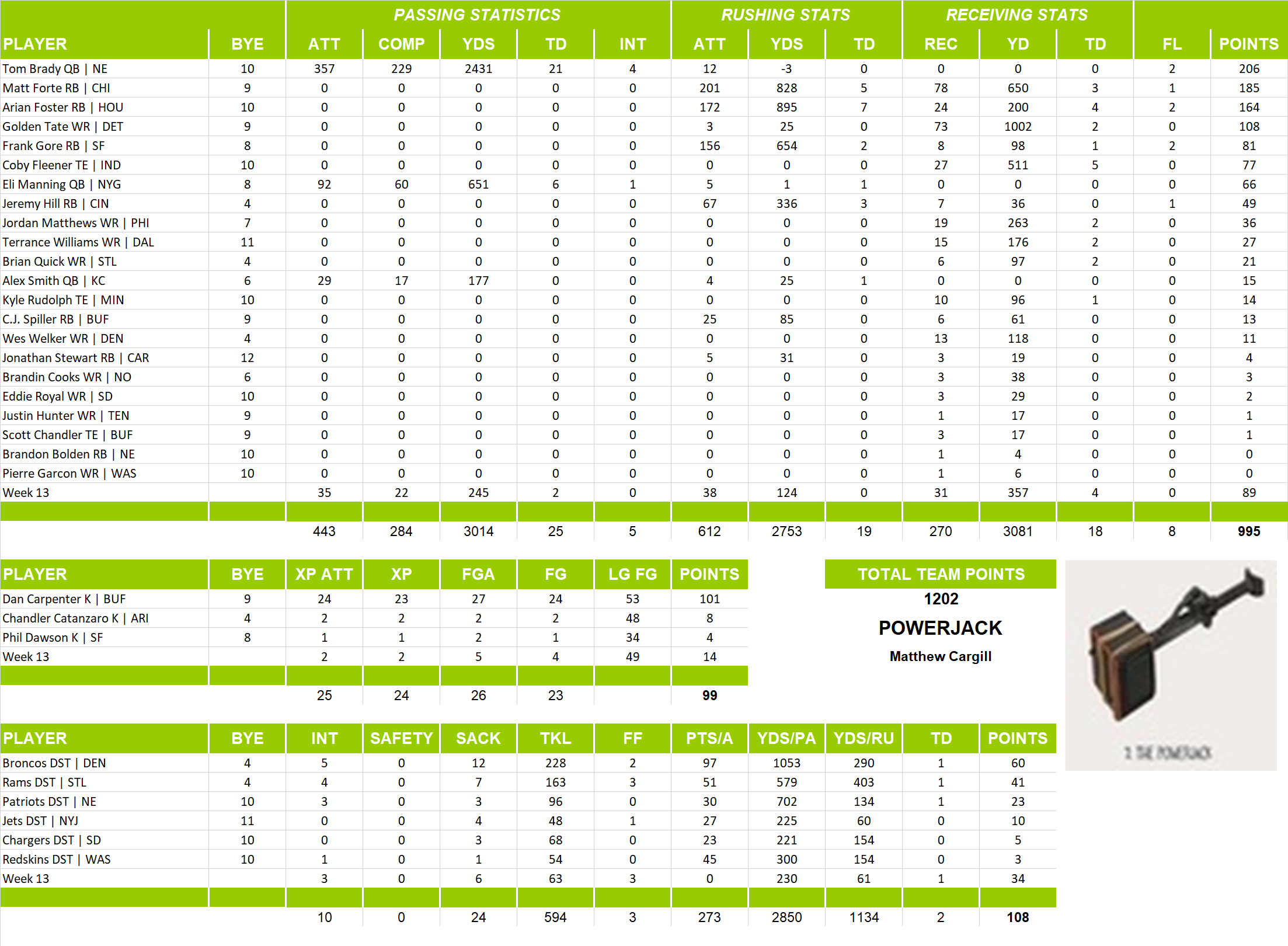 2014 National Football League Pool Team Stats