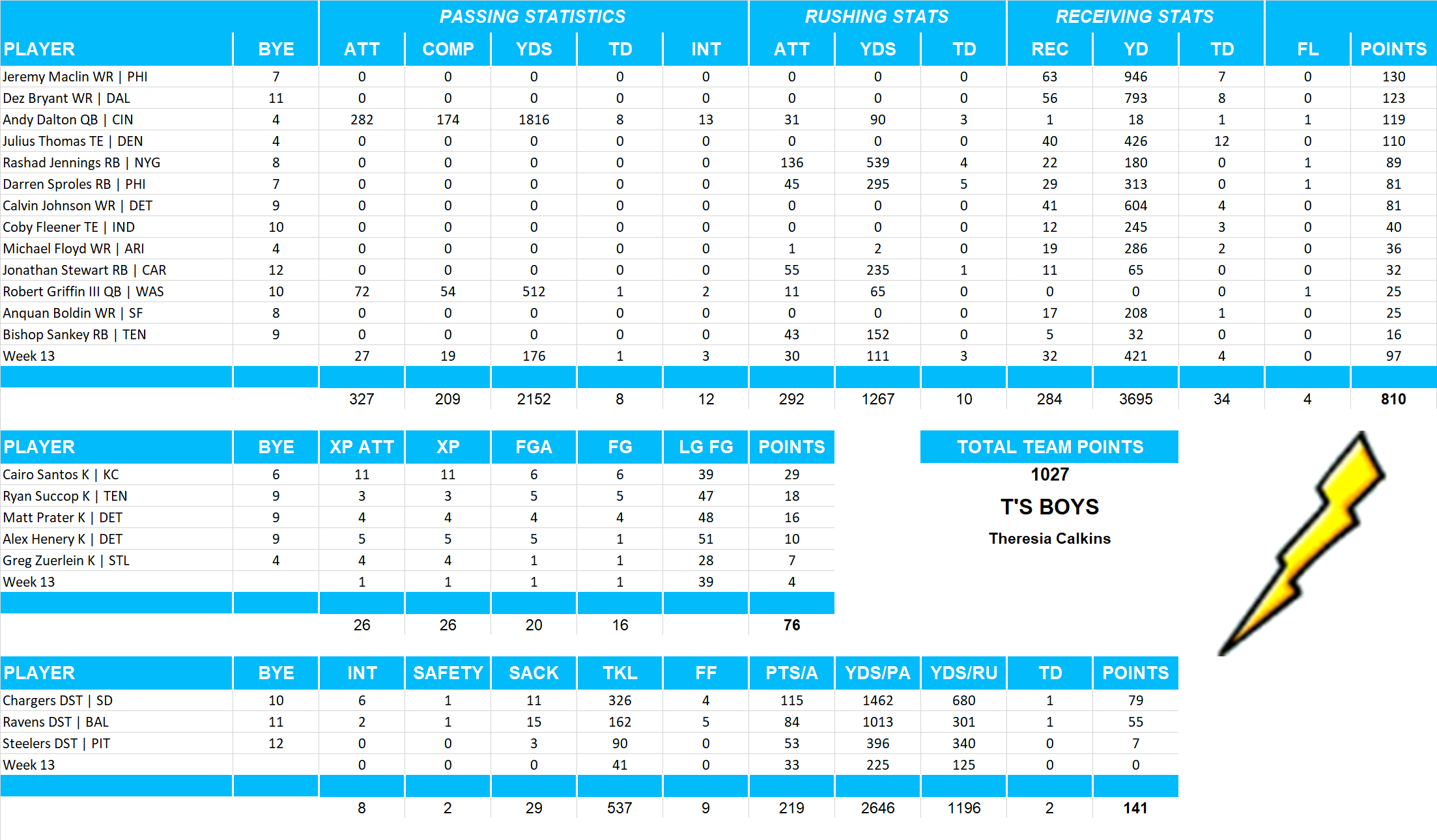 2014 National Football League Pool Team Stats