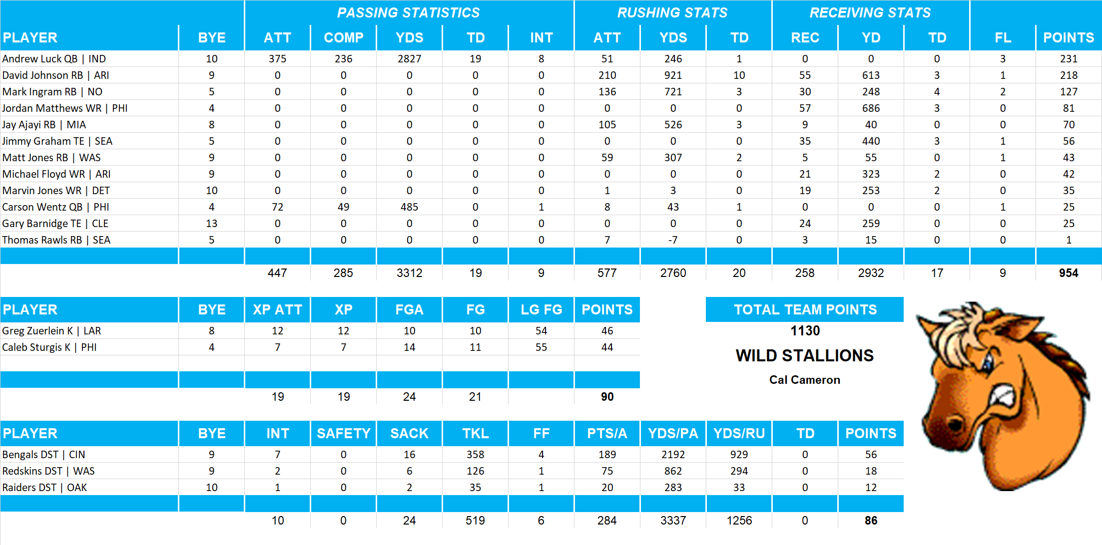 2016 National Football League Pool Team Stats