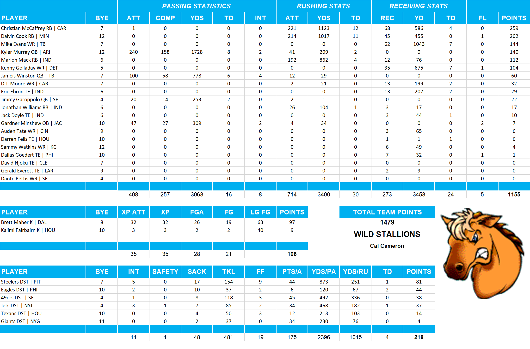 2019 National Football League Pool Team Stats