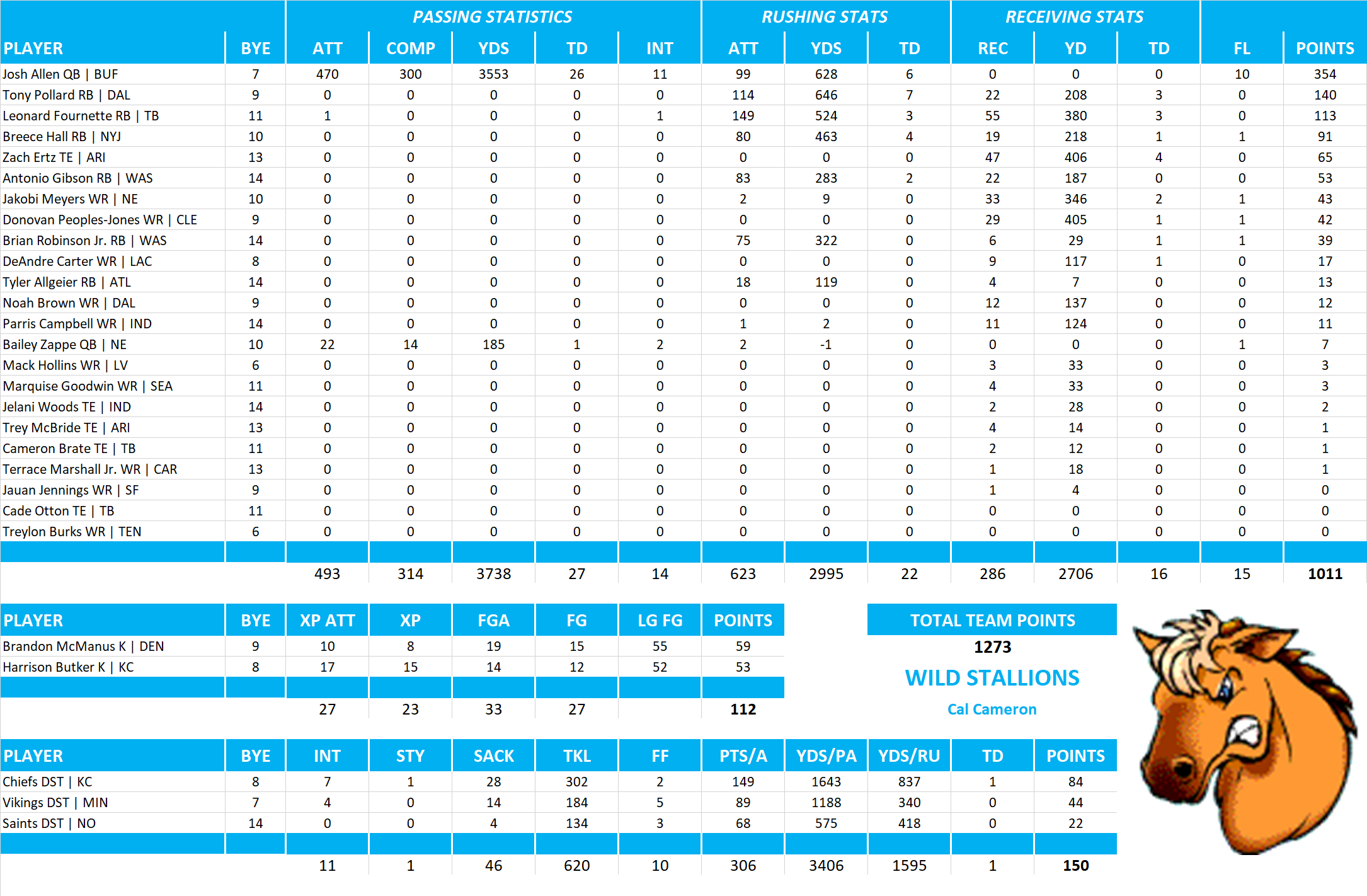 2022 National Football League Pool Team Stats