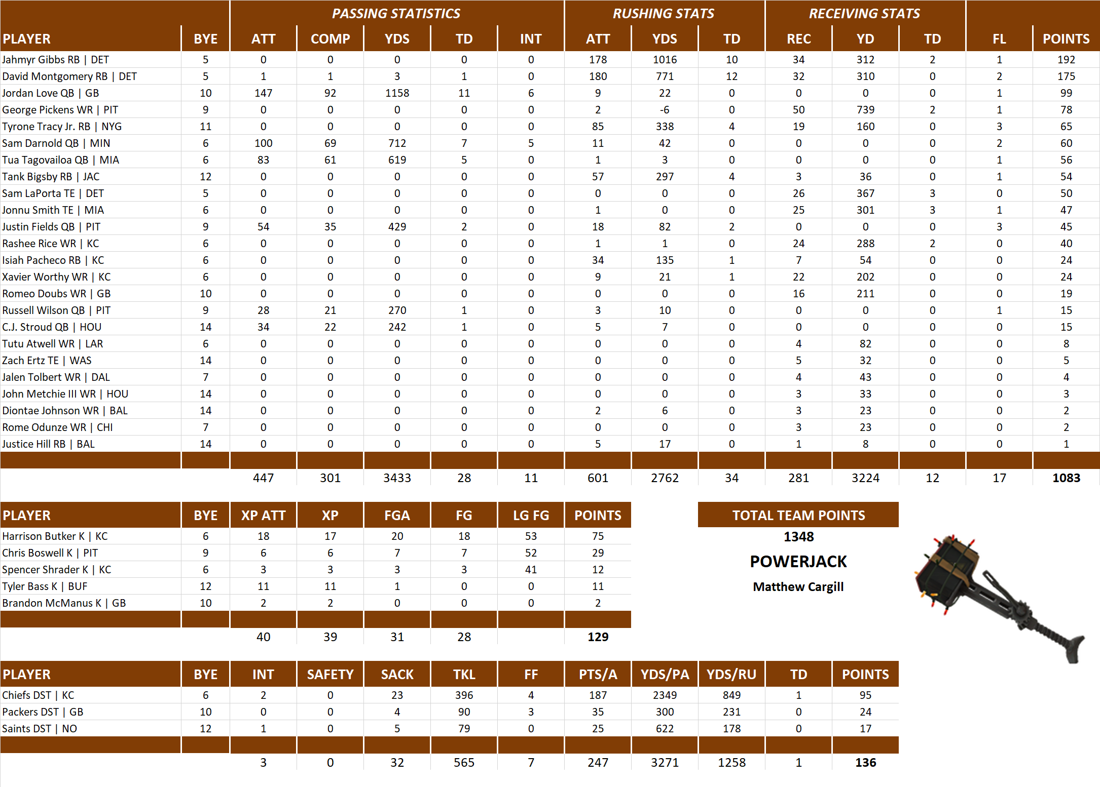 2024 National Football League Pool Team Stats