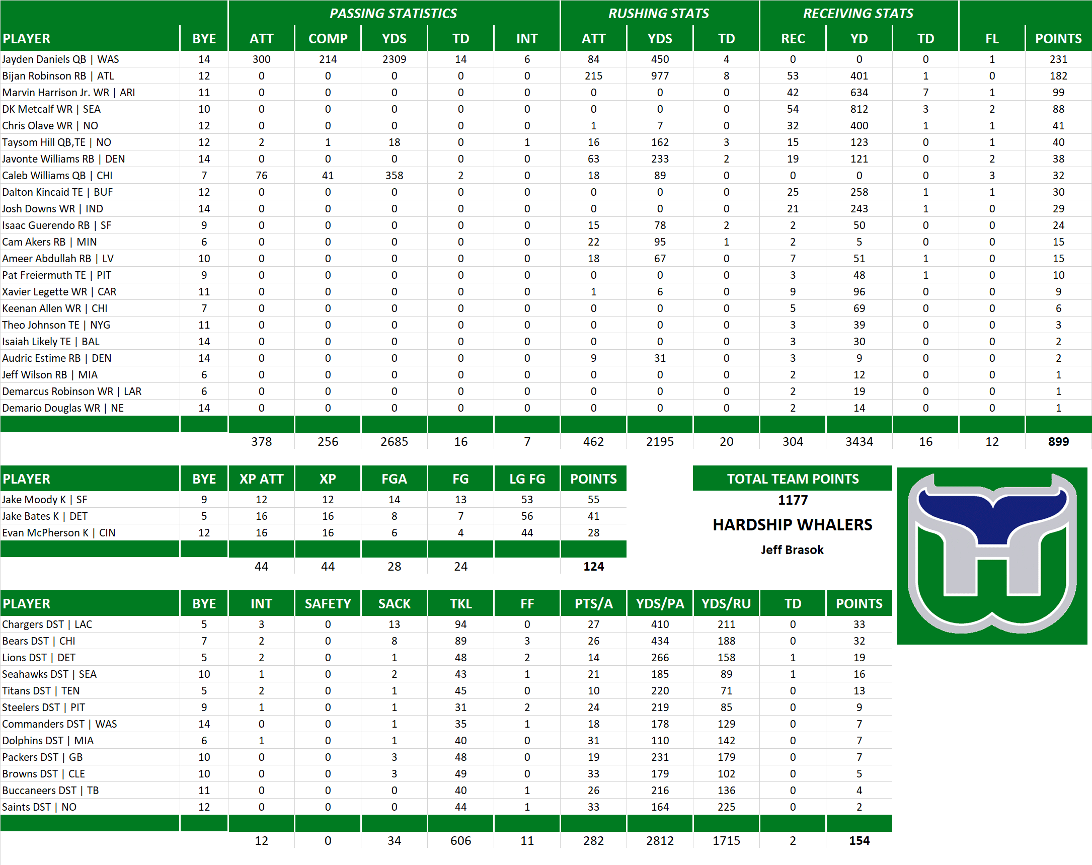 2024 National Football League Pool Team Stats