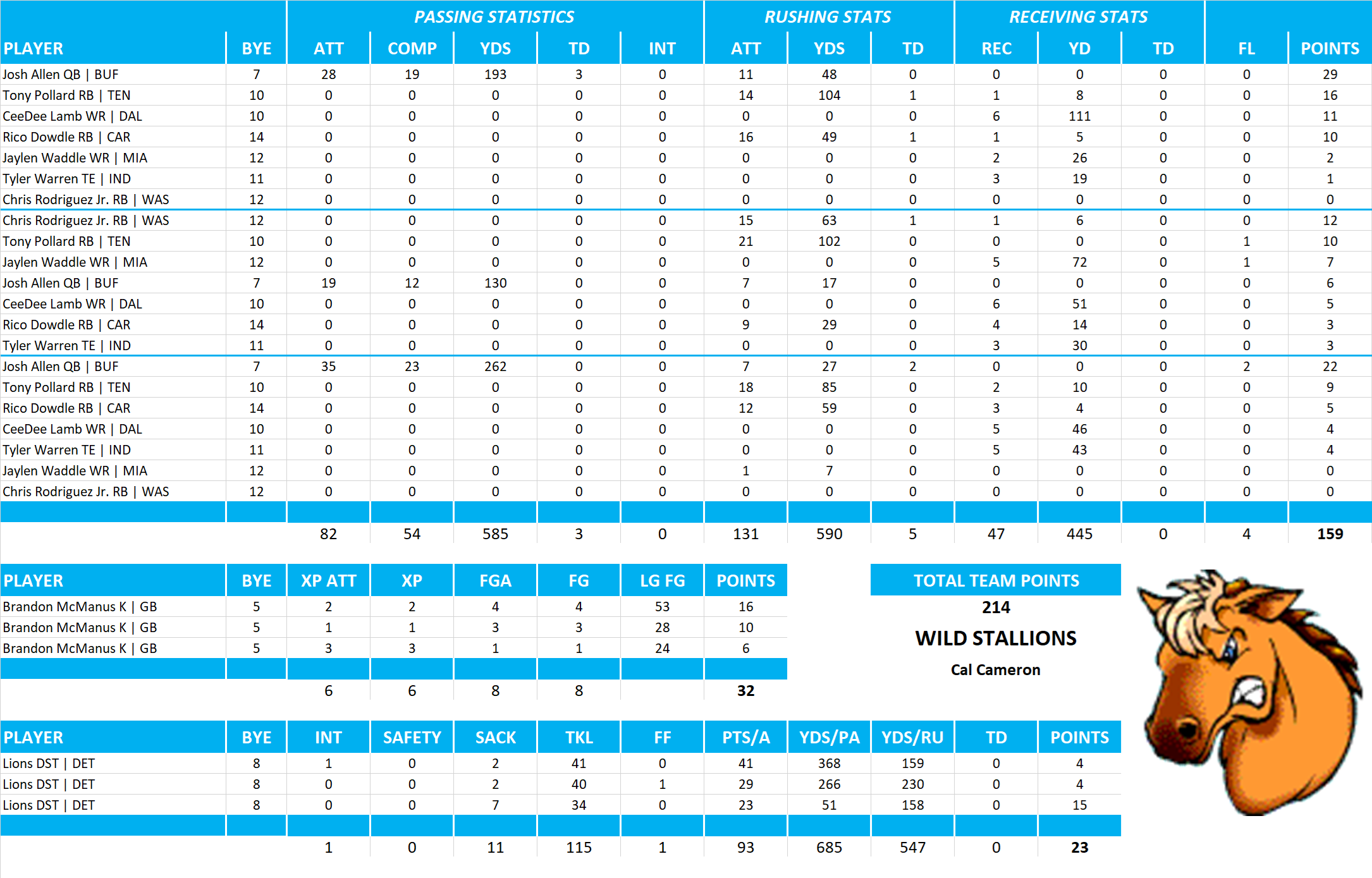 2025 National Football League Pool Playoff Team Stats