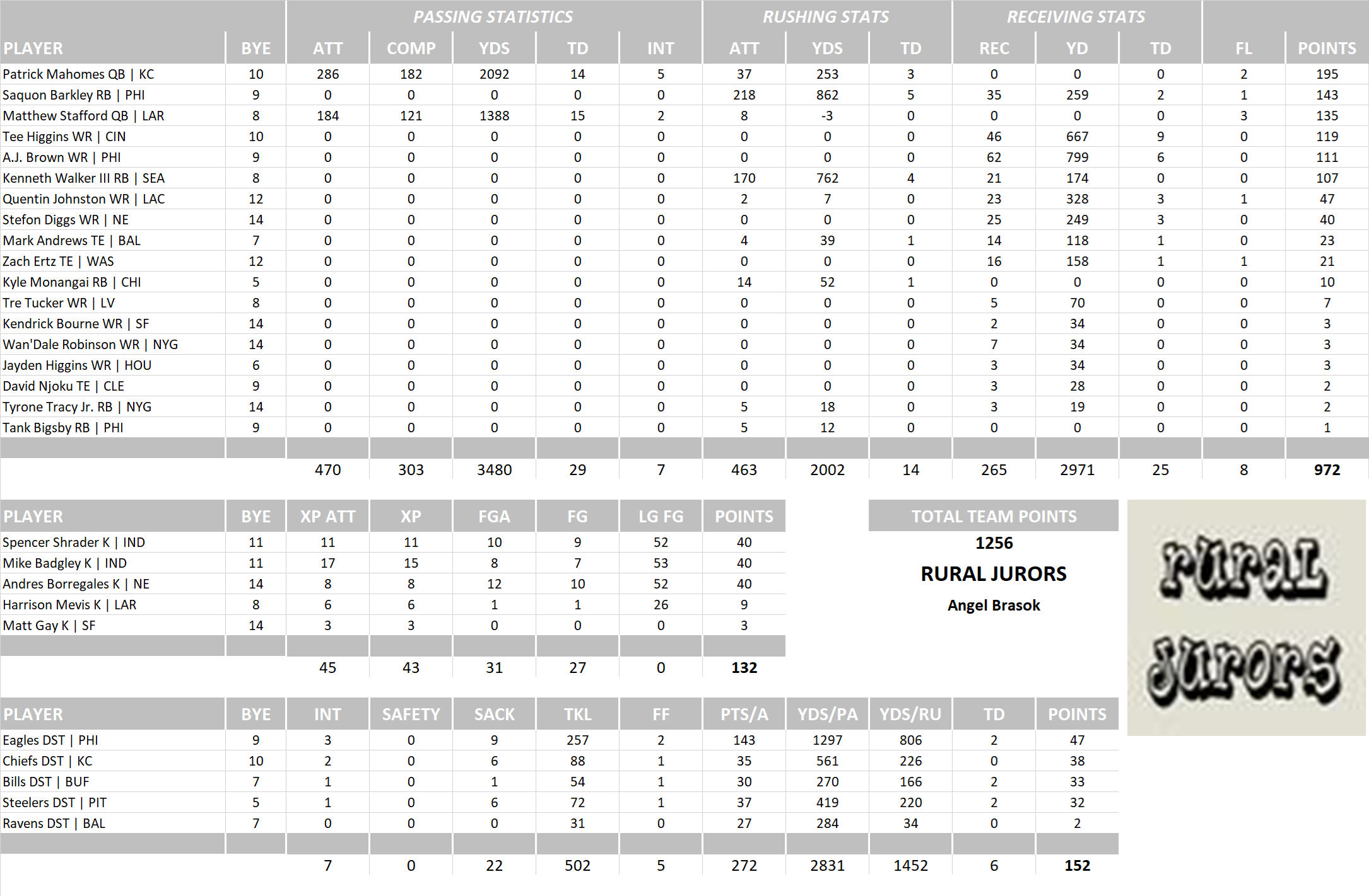 2025 National Football League Pool Team Stats