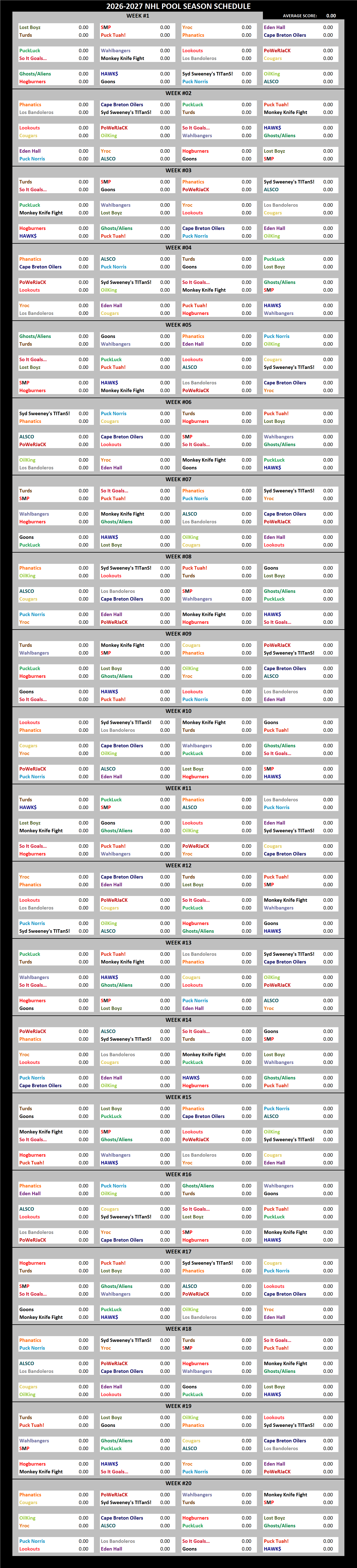 National Hockey League Pool Season Schedule