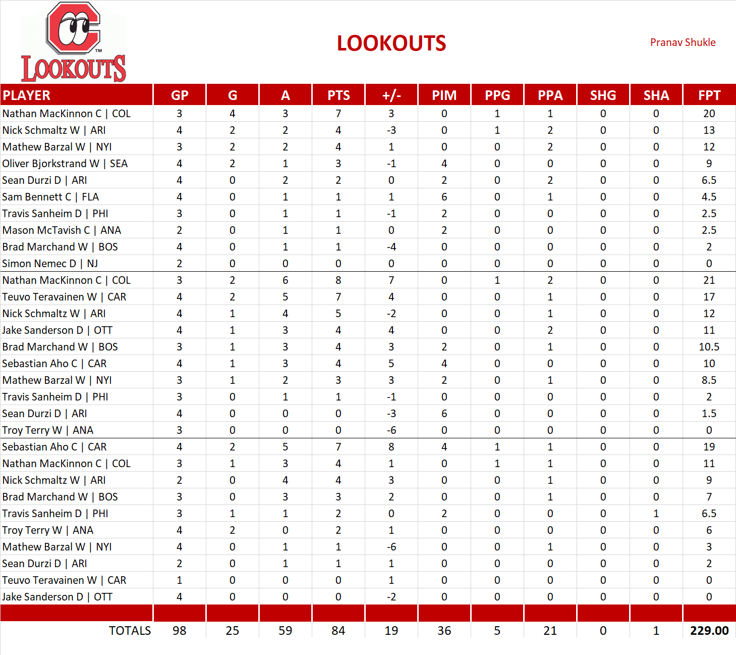 2023-2024 National Hockey League Pool Playoff Team Stats